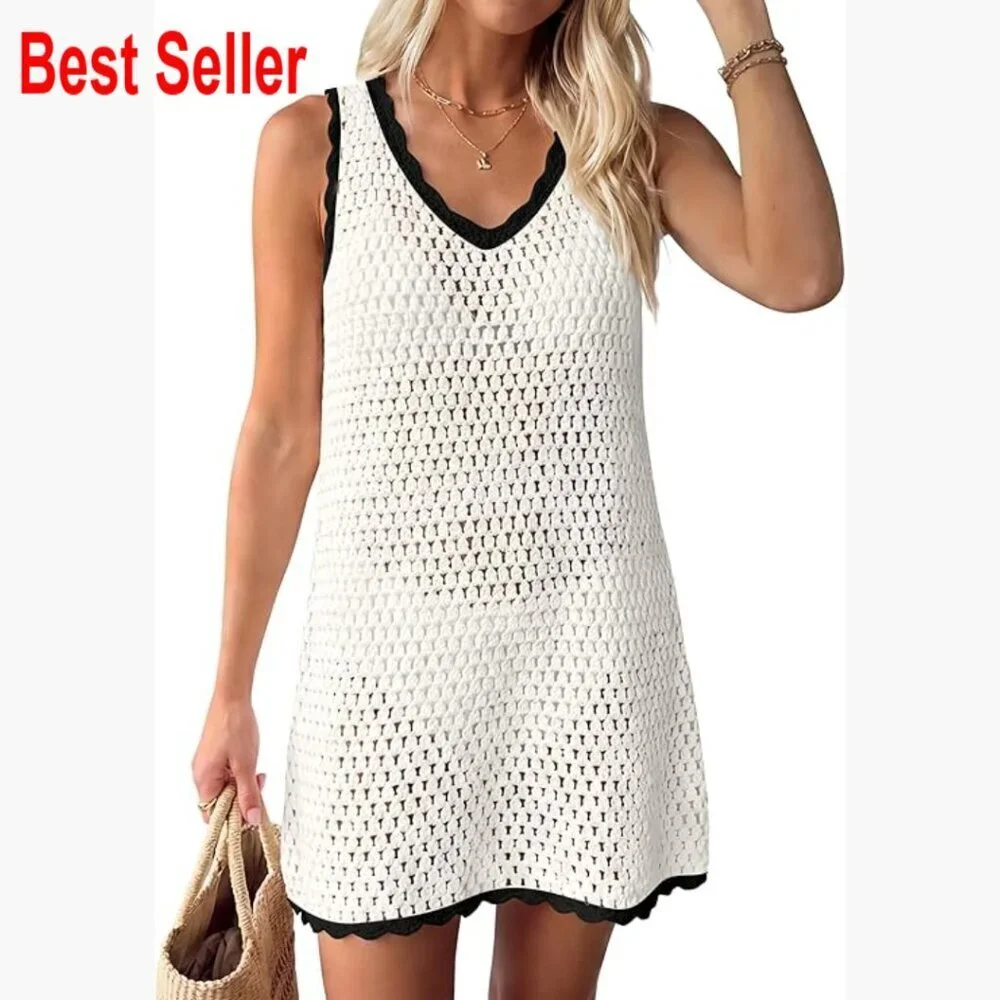 V-Neck Crochet Backless Swimsuit Cover Up Dress 100% Acrylic